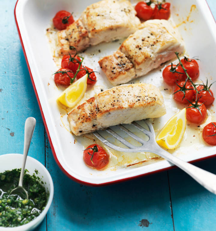 Hake with tomatoes and cucumber salsa verde Sainsbury`s Magazine